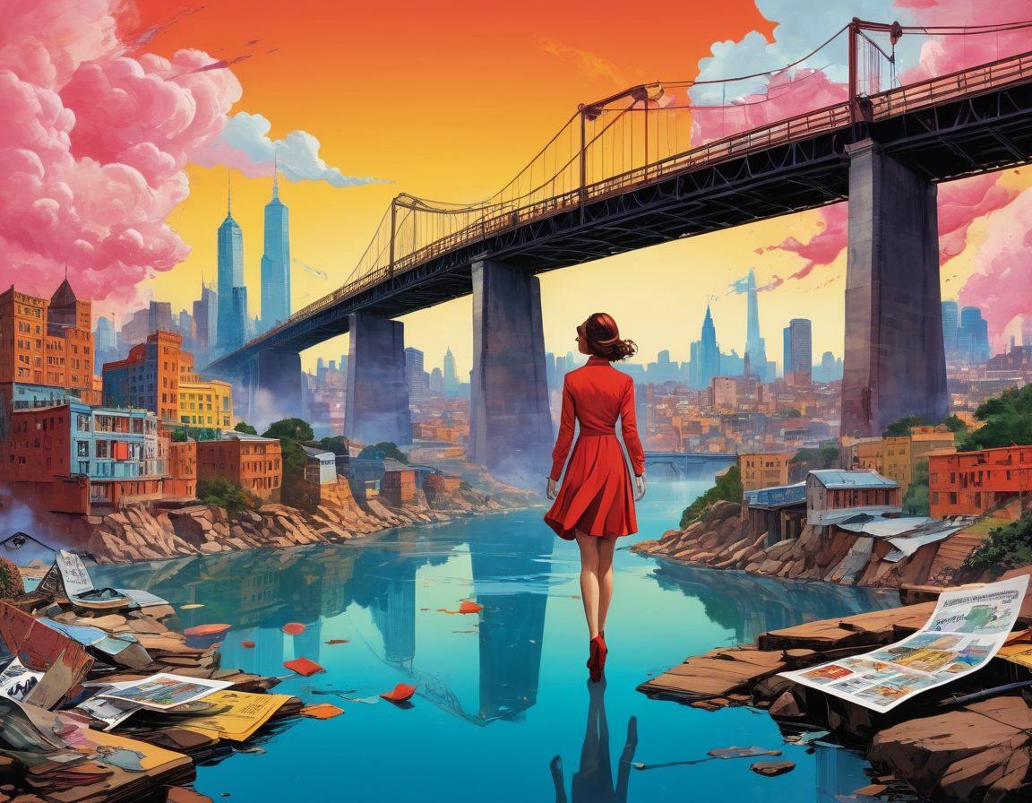 A vibrant collage blending various styles of adult comic art, showcasing characters in dynamic poses representing love, conflict, and adventure. Include elements like comic panels, speech bubbles, and bold colors to emphasize storytelling. The backdrop features a cityscape merging into a dreamlike landscape, symbolizing the bridge between comic books and deeper narratives. Enhance with a smoky, artistic flair and rich textures to evoke passion and creativity. super-realistic. vibrant colors. surreal background.
