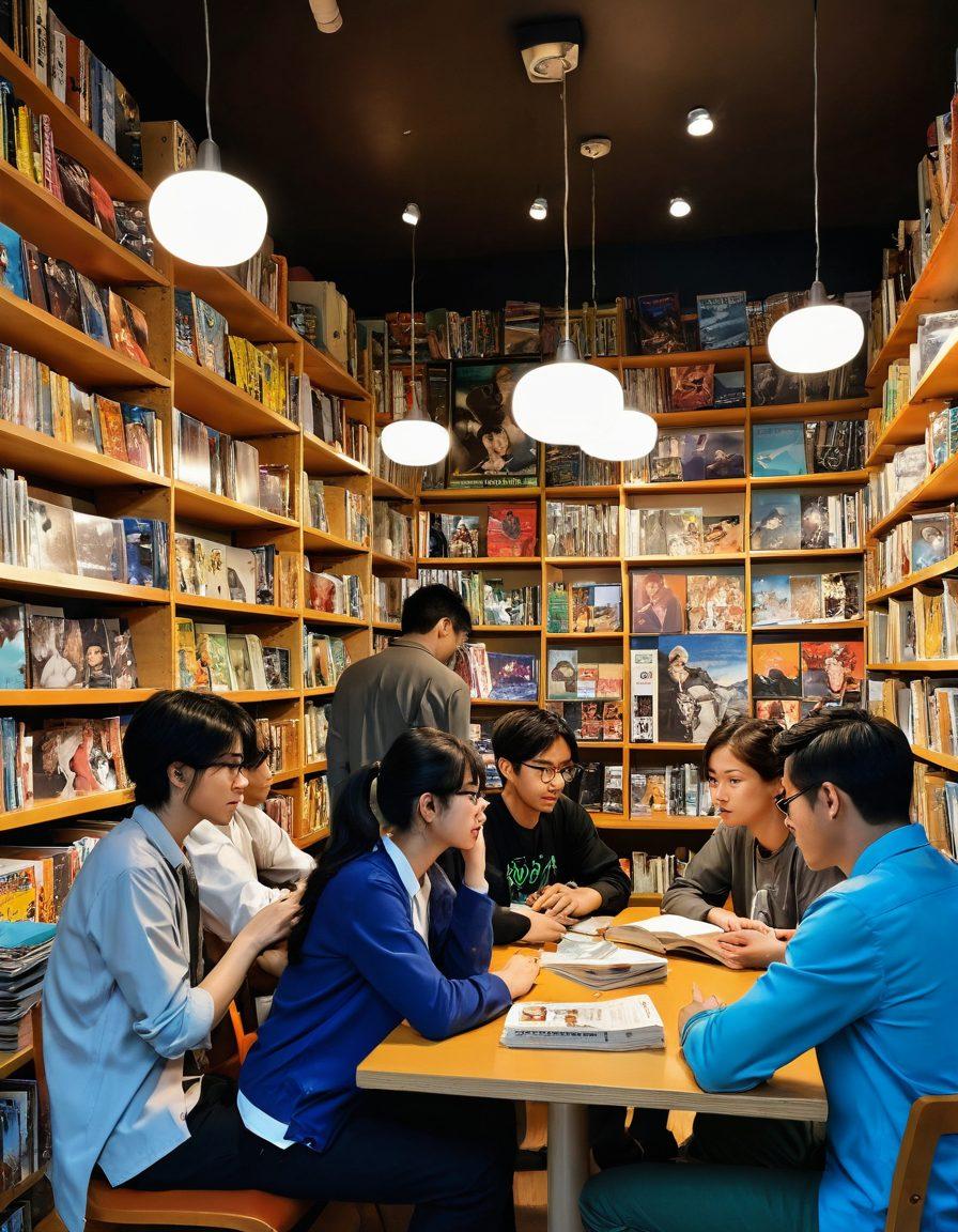 A captivating scene showcasing a diverse group of individuals engaged in deep discussions around adult manga literature, surrounded by vibrant comic panels that burst with bold colors and intricate details. In the background, stylized shelves filled with manga books take shape, while a warm, inviting light casts over the group, enhancing a creative atmosphere. Emphasize expressions of fascination and curiosity on their faces. super-realistic. vibrant colors. 3D.