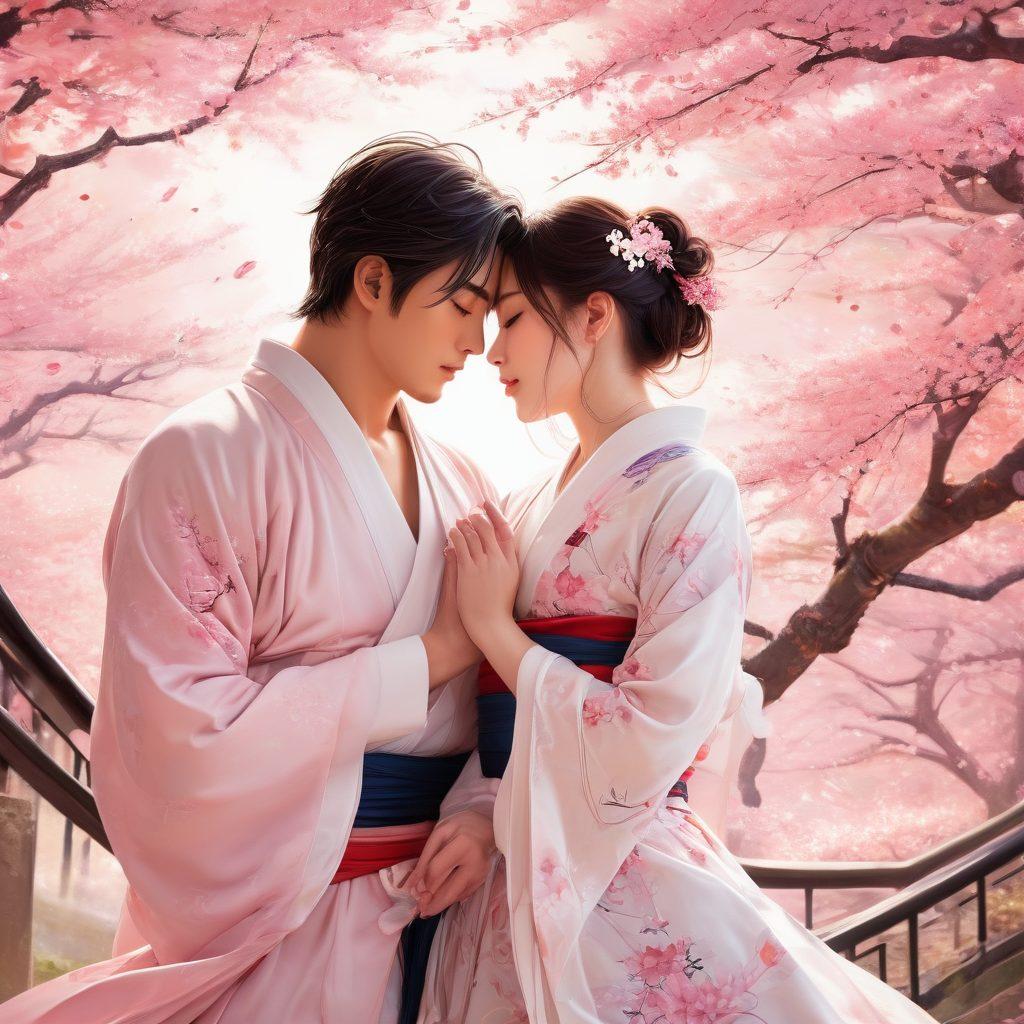 A captivating scene depicting a couple engaged in a deeply intimate moment, surrounded by swirling, ethereal manga-style visuals blending sensuality and art. The background should be infused with flowing lines and vibrant colors that represent desire, with hints of cherry blossoms and traditional Japanese elements. The couple should embody a mix of emotions, from passion to tenderness, capturing the essence of seduction in manga. Include subtle elements like an open manga book and artistic brush strokes to symbolize the literary aspect. anime art style. vibrant colors. intricate details.